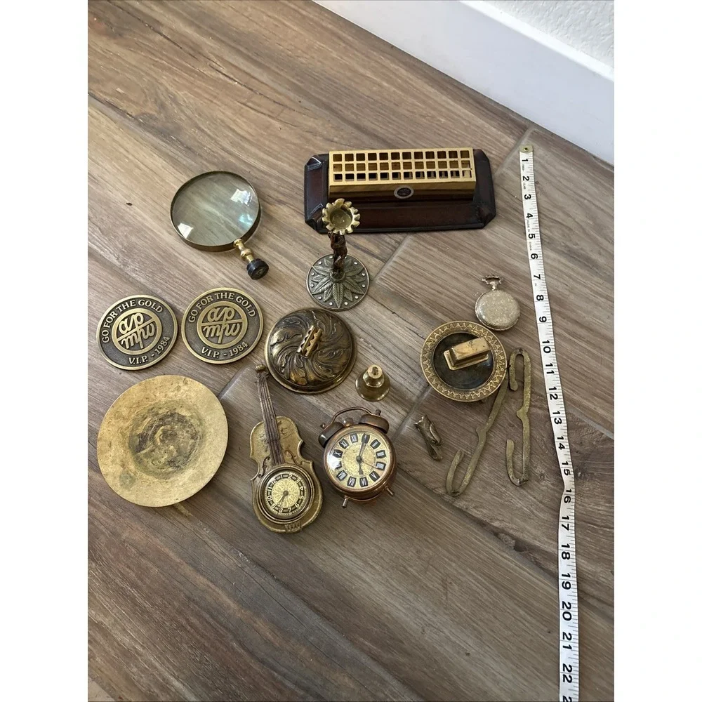 Vintage Brass Random Lot Figurines Clocks, Eagle Pendant, Magnifying Glass